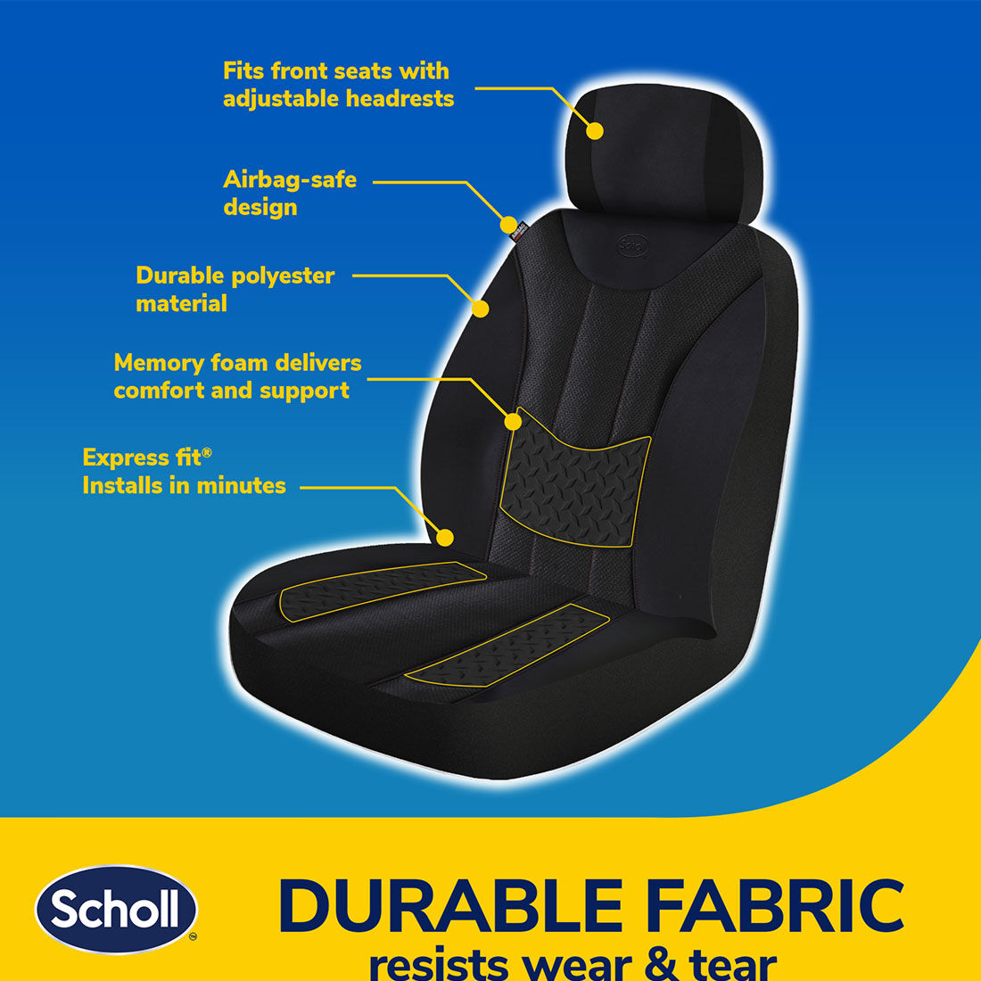 Scholl Copper Infused Memory Foam Seat Cover Black/Orange Adjustable Headrest Airbag Compatible, , scaau_hi-res