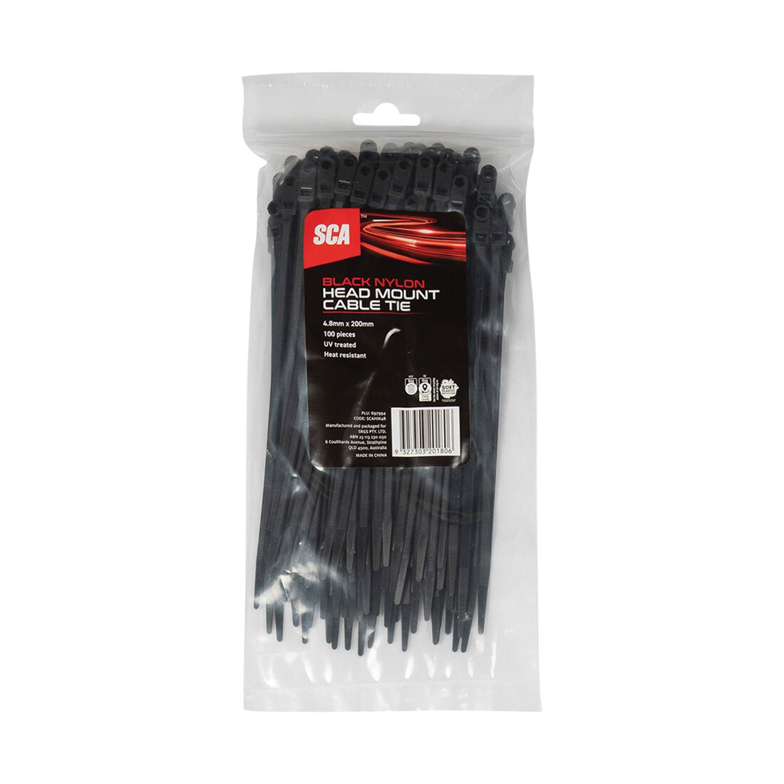 SCA Cable Tie Head Mount 4.8 X 200mm, Pack of 100, Black, , scaau_hi-res