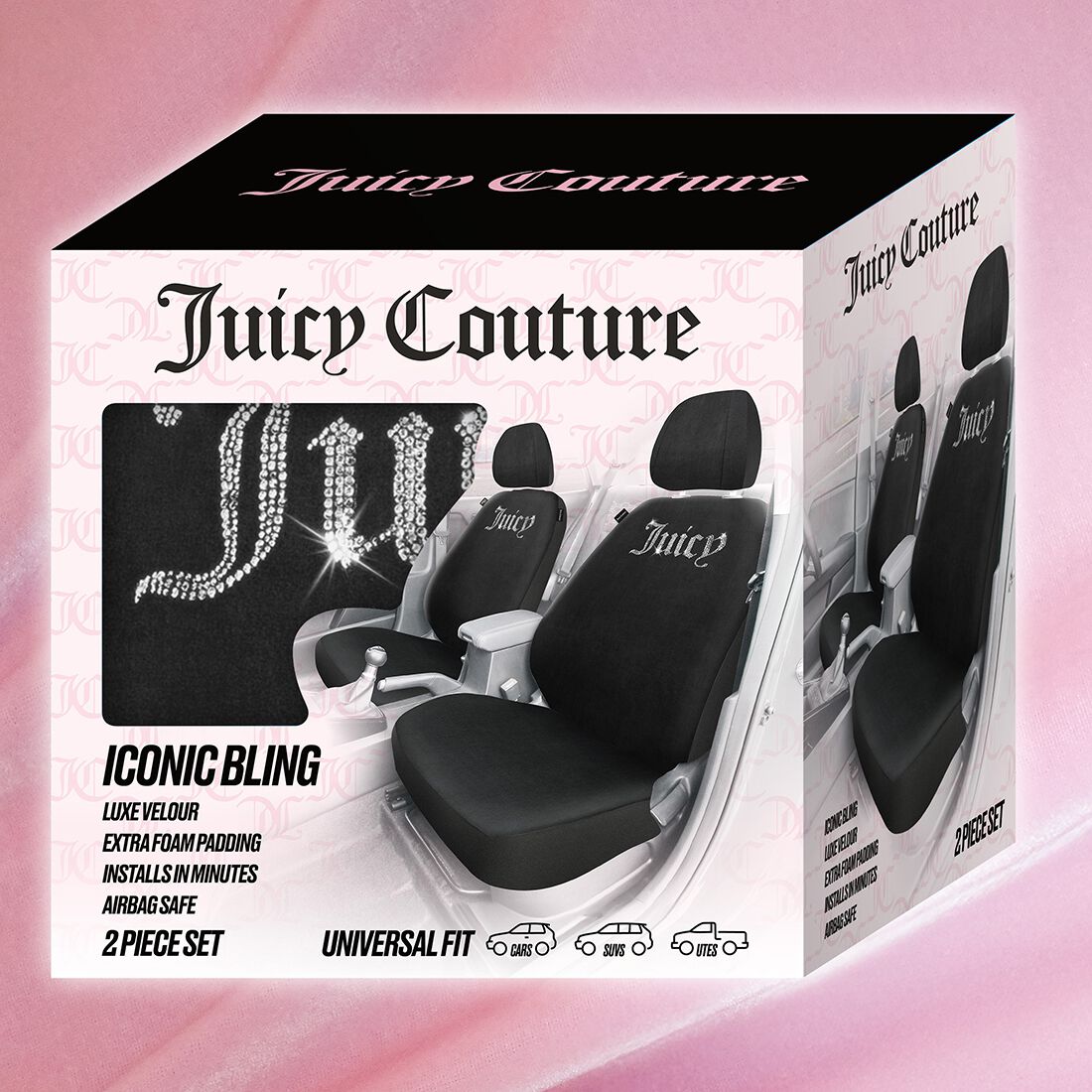 Juicy Couture 2 Piece OG Big Bling Seat Covers - Black, , scaau_hi-res