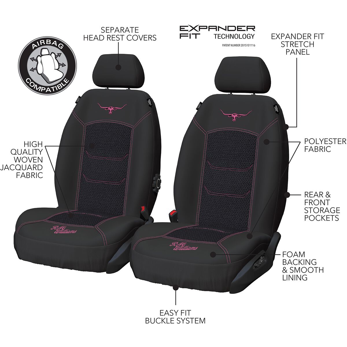 R.M.Williams Jacquard Seat Covers Front Pair Black/Pink Size 30, , scaau_hi-res
