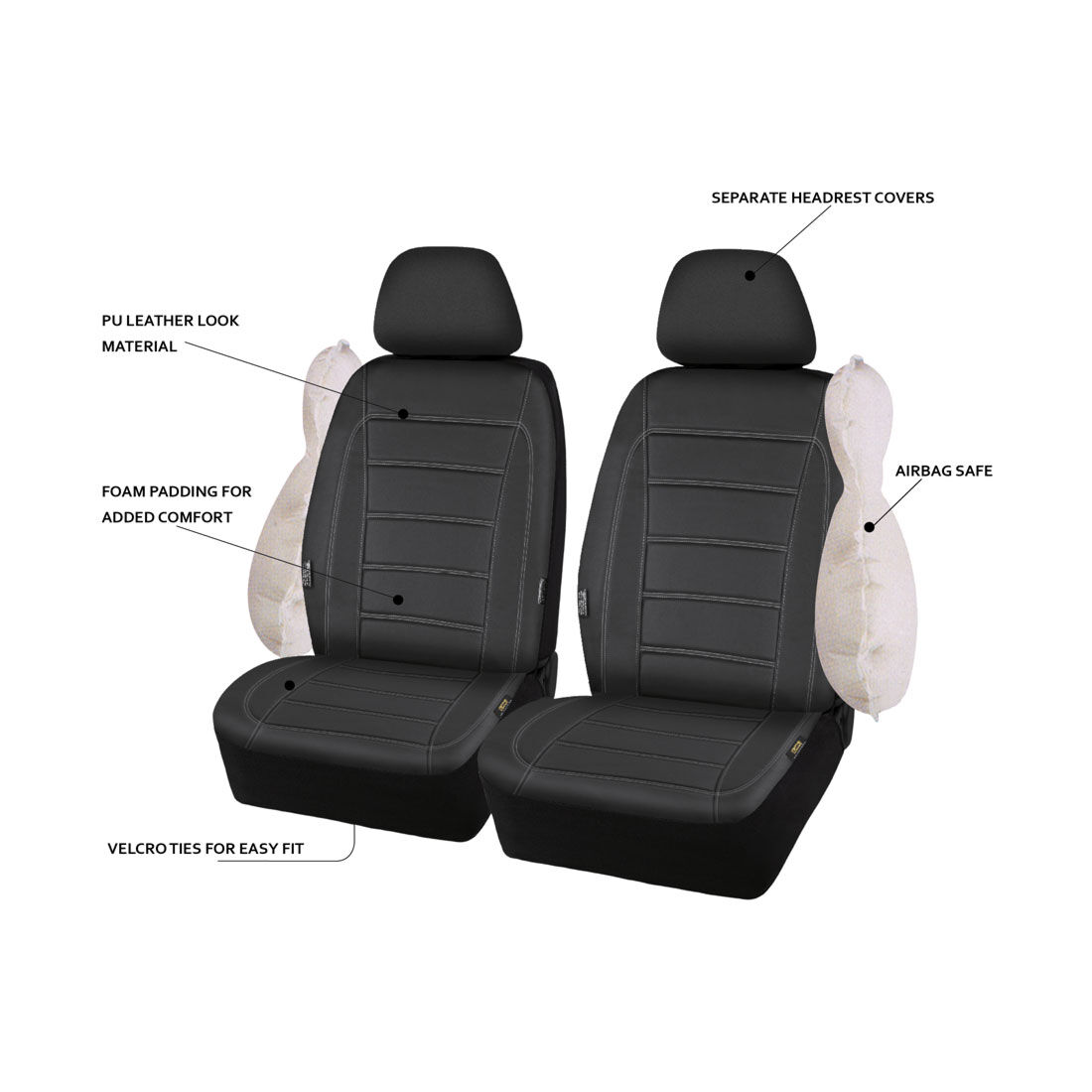 SCA Leather Look Seat Covers Black/White Adjustable Headrests Airbag Compatible 30SAB, , scaau_hi-res