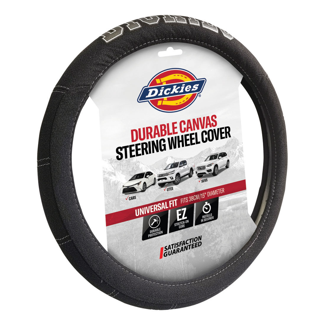 Dickies Collegiate Poly Canvas Steering Wheel Cover Black/Grey 380mm Diameter, , scaau_hi-res