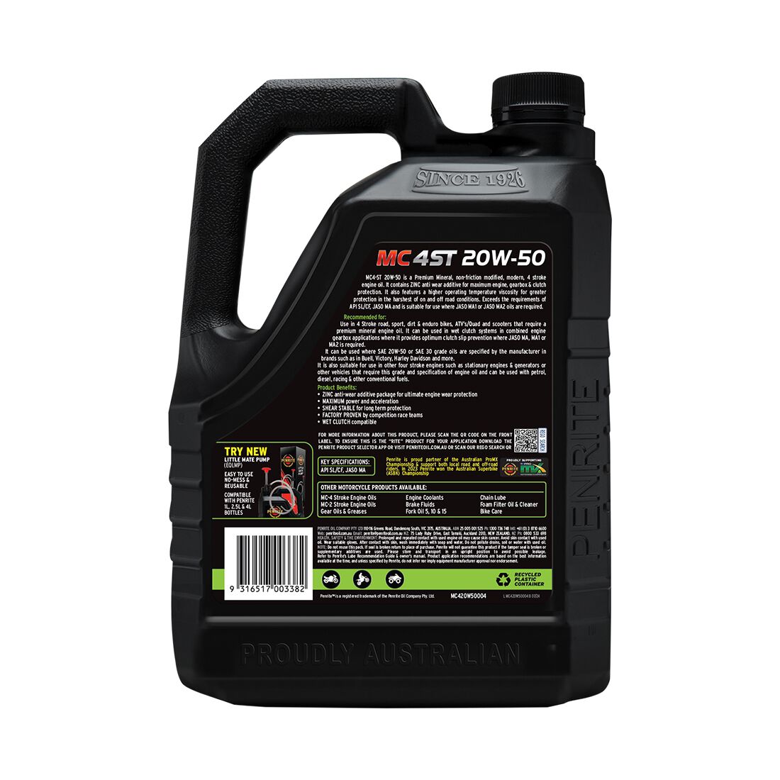 Penrite MC-4 Motorcycle Oil - 20W-50, 4 Litre, , scaau_hi-res