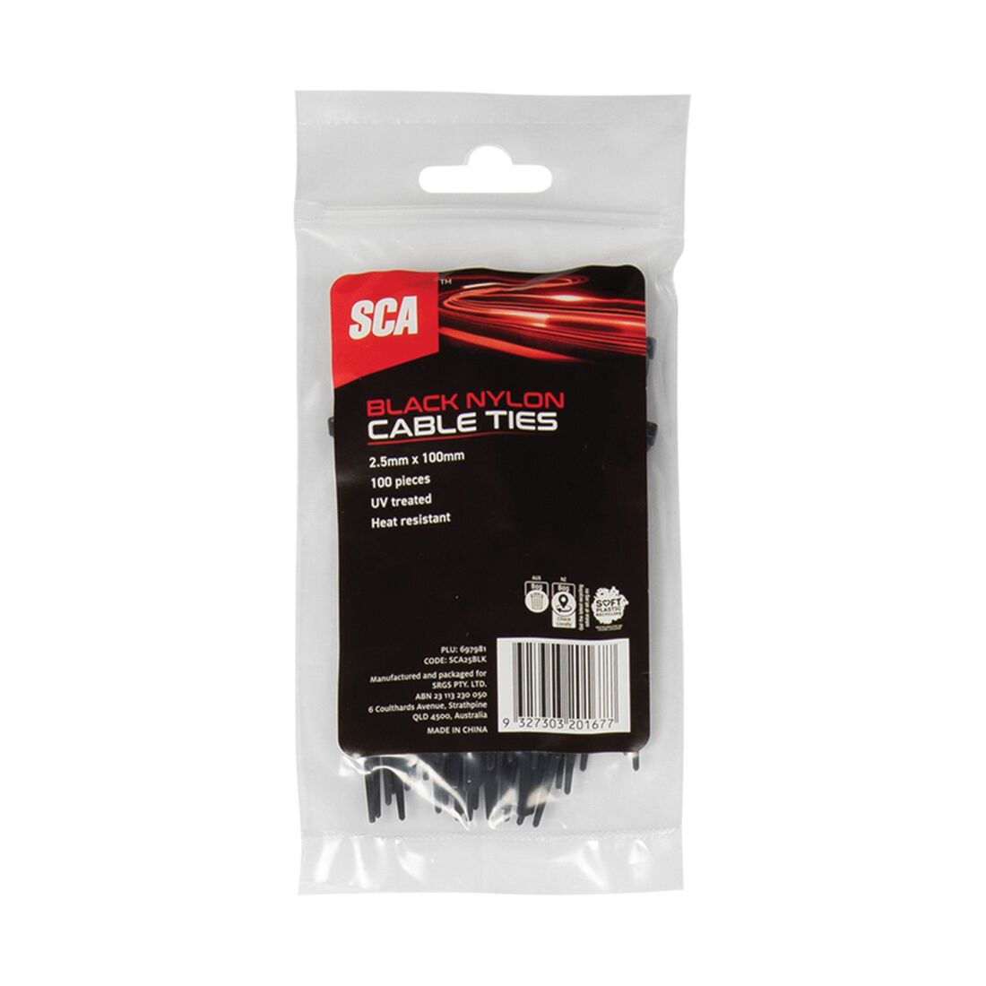 SCA Cable Ties 2.5mm X 100mm, Pack of 100, Black, , scaau_hi-res