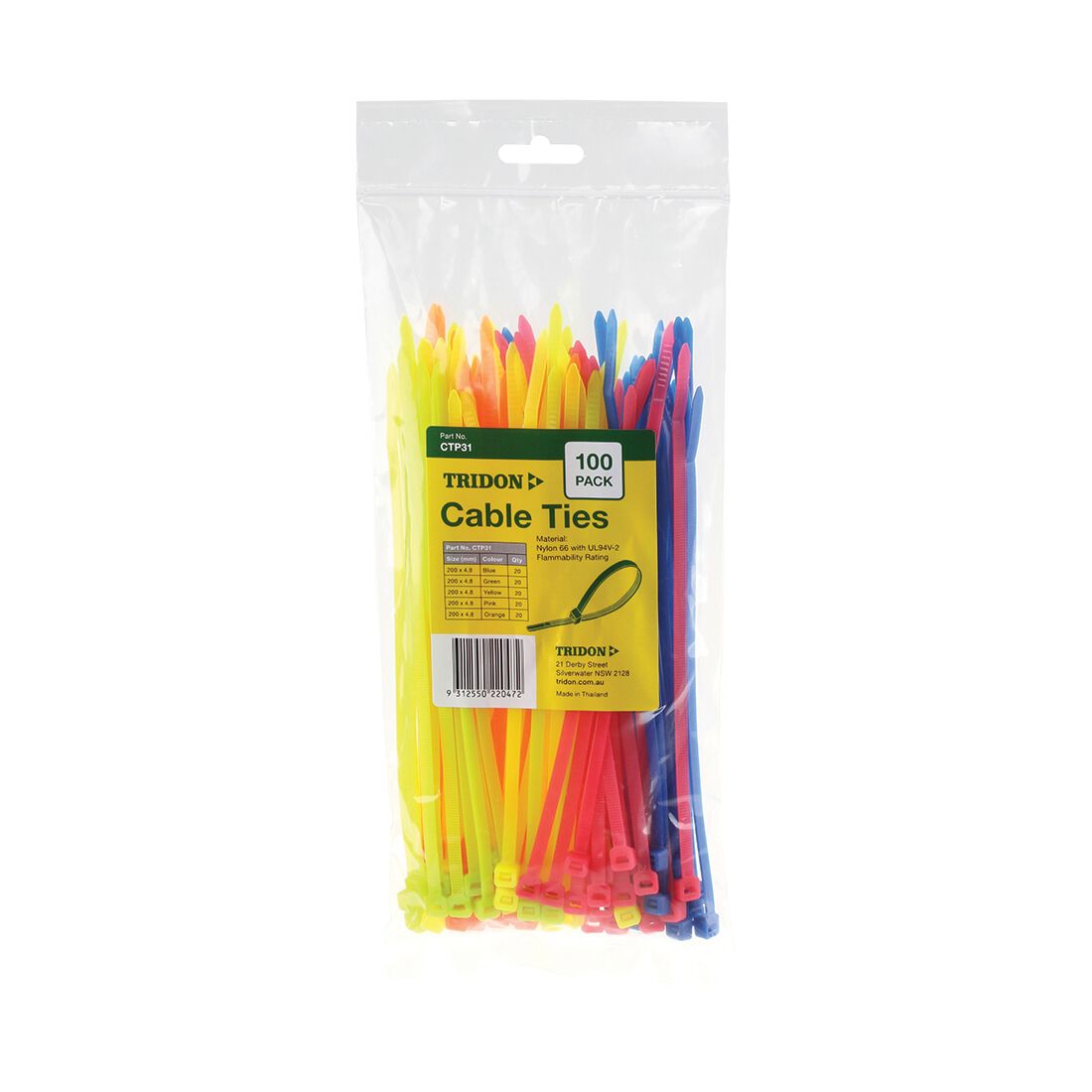 Tridon Cable Tie Pack, Assorted Colours, 200mm x 4.8mm, 100 Pack - CTP31, , scaau_hi-res