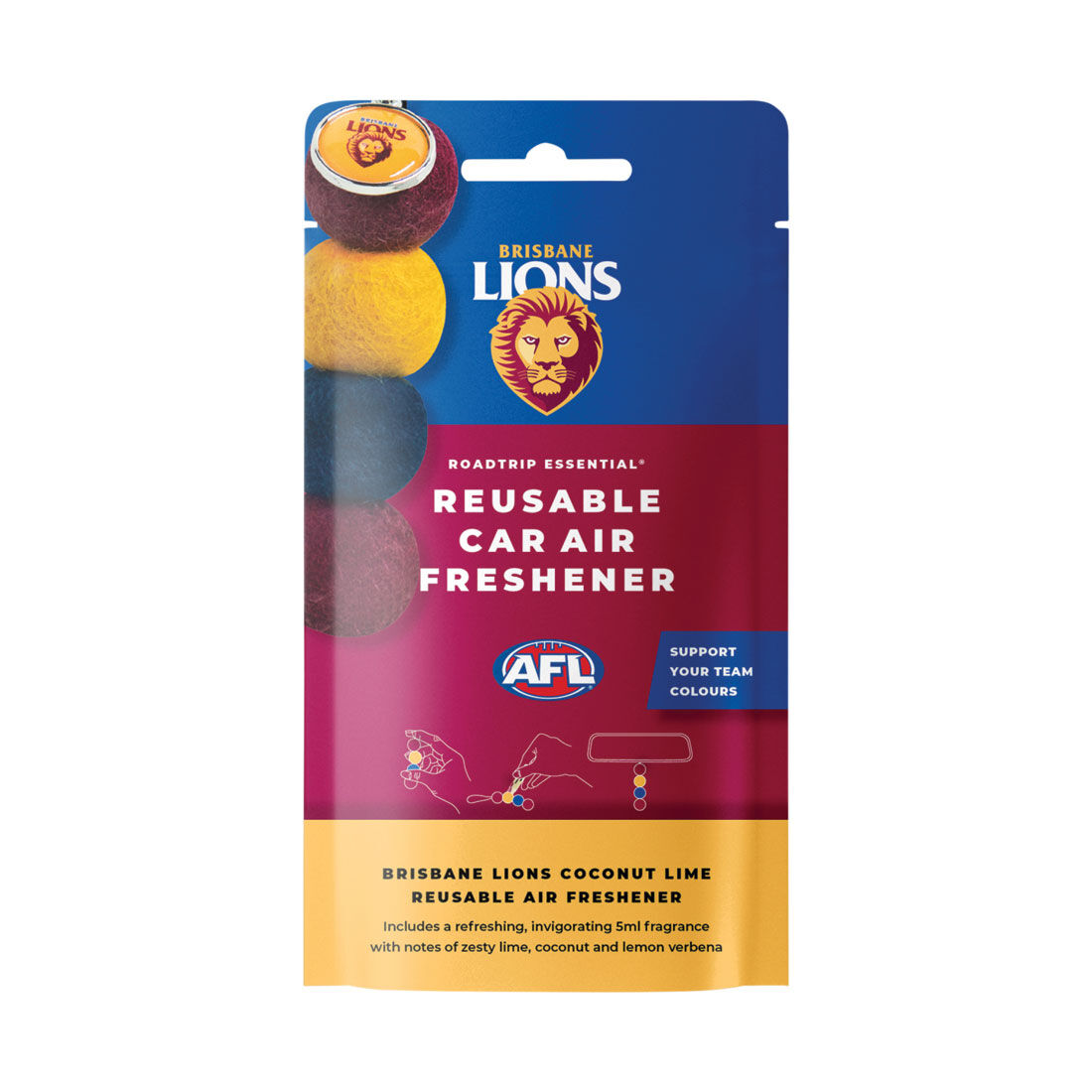 Roadtrip Essential Air Freshener Set Brisbane Lions Coconut Lime 5ml, , scaau_hi-res
