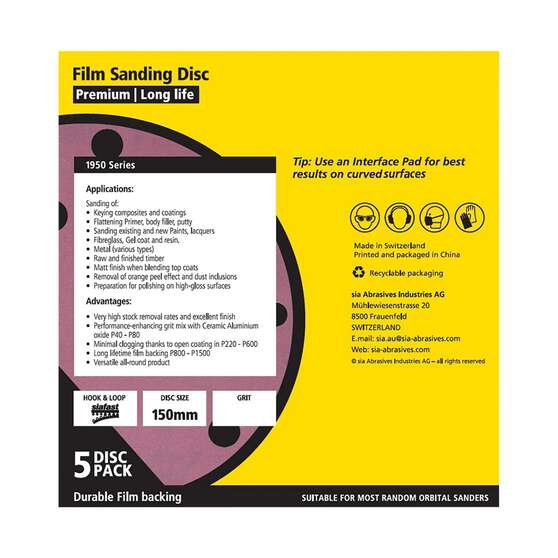 SIA Abrasives 150mm Premium Wet & Dry Sanding Disc, 1950 Series, 8 Hole, 1200 Grit, 5 Pack, , scaau_hi-res