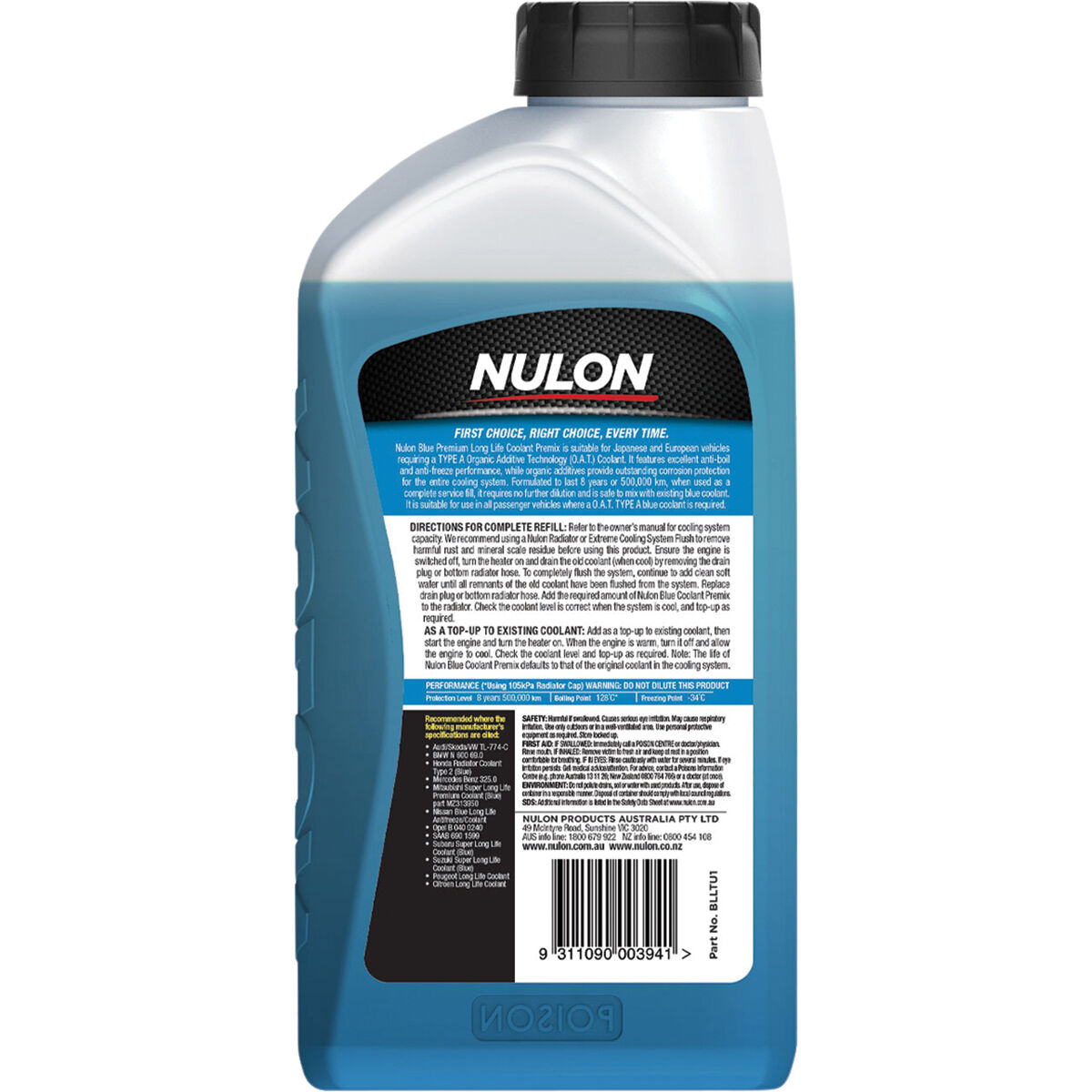 Nulon Blue Anti-Freeze / Anti-Boil Premix Coolant - 1 Litre, , scaau_hi-res