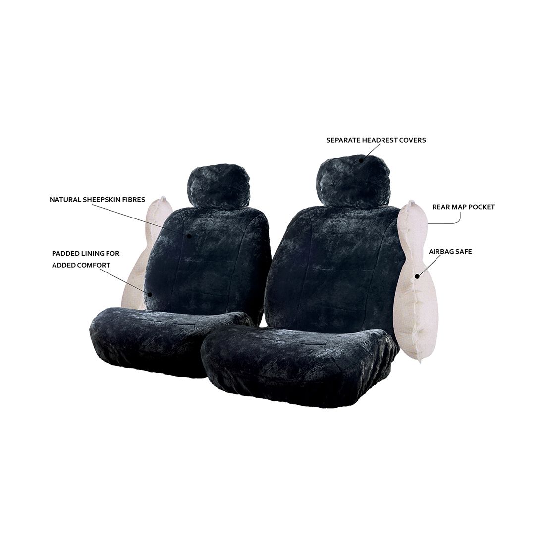 Silver CLOUDLUX Sheepskin Seat Covers - Black Adjustable Headrests Size 30 Front Pair Airbag Compatible, , scaau_hi-res
