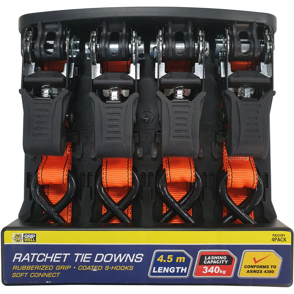 Gripwell 340kg Ratchet Tie Downs 4.5m 4 Pack Supercheap Auto
