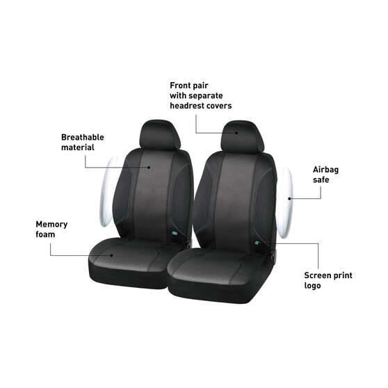 Skechers Air Cooled Memory Foam Seat Covers Black/Aqua Adjustable Headrests Airbag Compatible, , scaau_hi-res
