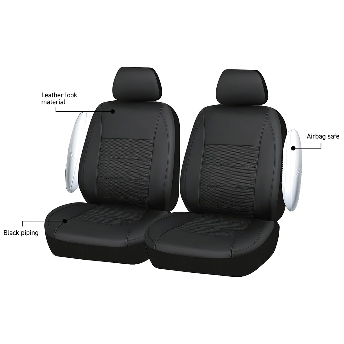 SCA Leather Look Seat Covers Black Adjustable Headrests Airbag Compatible 30SAB, , scaau_hi-res