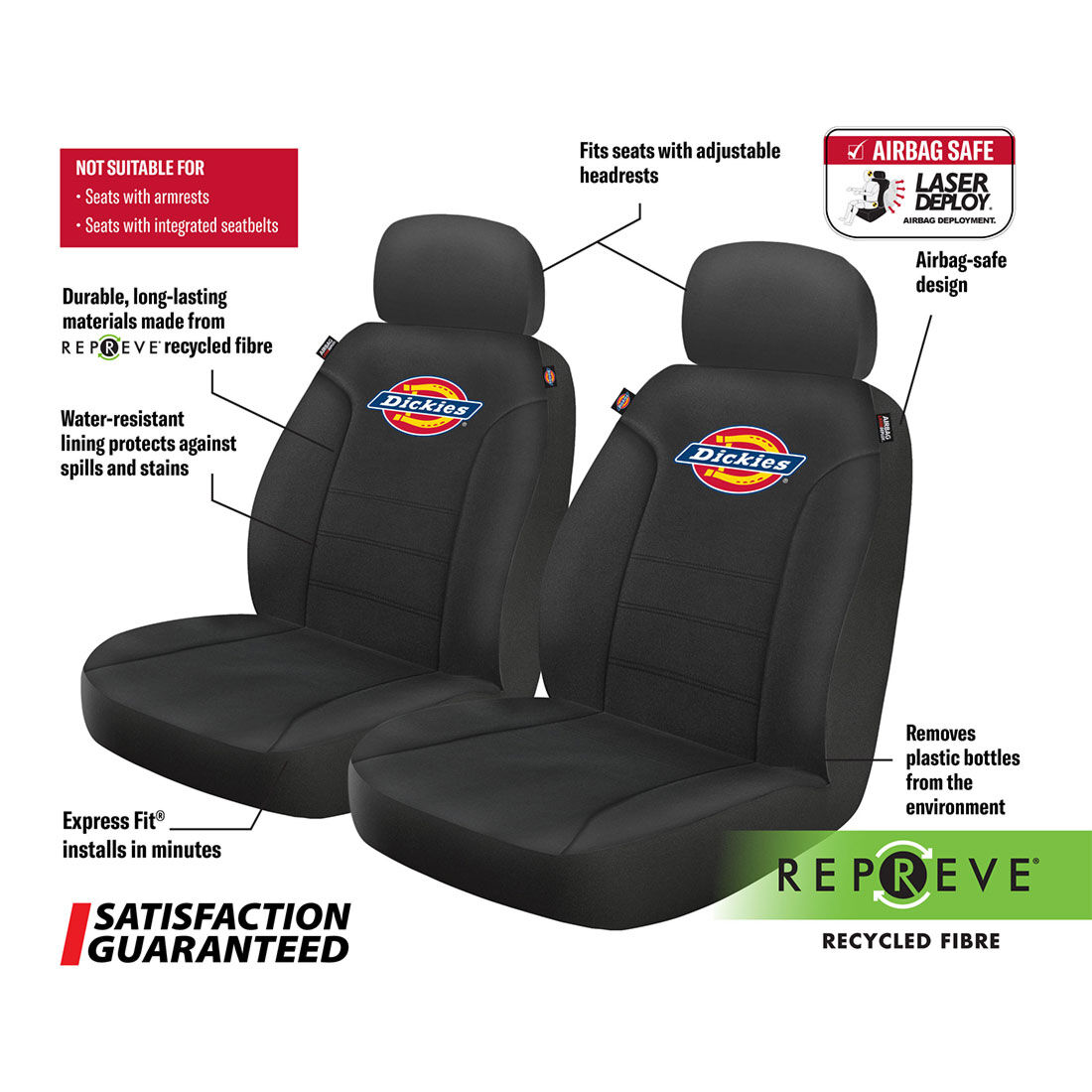 Dickies Repreve Polyester OG Logo Seat Covers Black Adjustable Headrests Airbag Compatible, , scaau_hi-res