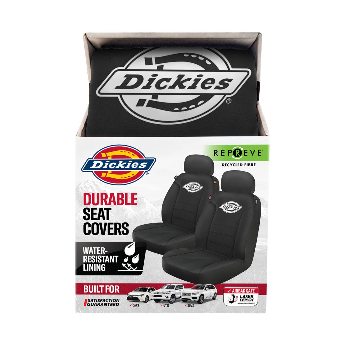 Dickies Repreve Polyester OG Black/White Logo Seat Covers Black Adjustable Headrests Airbag Compatible, , scaau_hi-res
