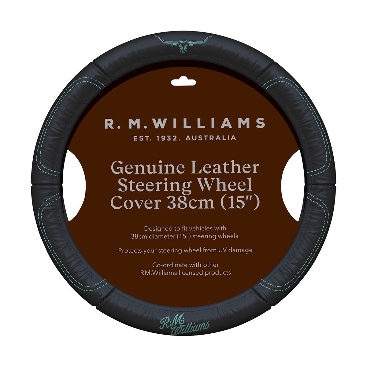 R.M.Williams Aqua Steering Wheel Cover Leather Black/Aqua 380mm Diameter, , scaau_hi-res