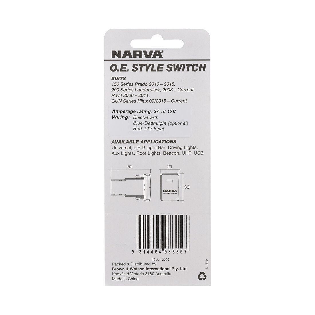 Narva OE Style Switch Toyota USB A/C - 32.5x22mm, , scaau_hi-res