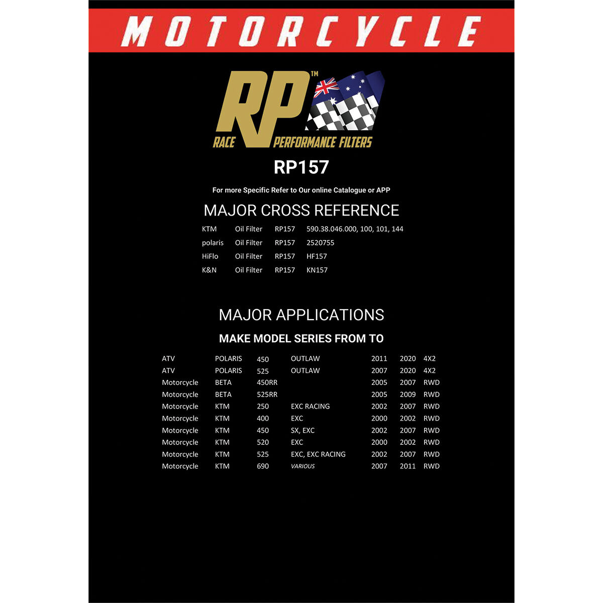 Race Performance Motorcycle Oil Filter RP157, , scaau_hi-res