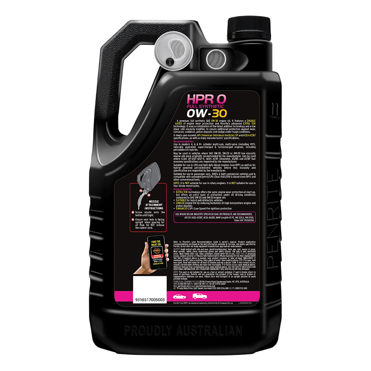 Penrite HPR 0 Engine Oil - 0W-30, 5 Litre, , scaau_hi-res