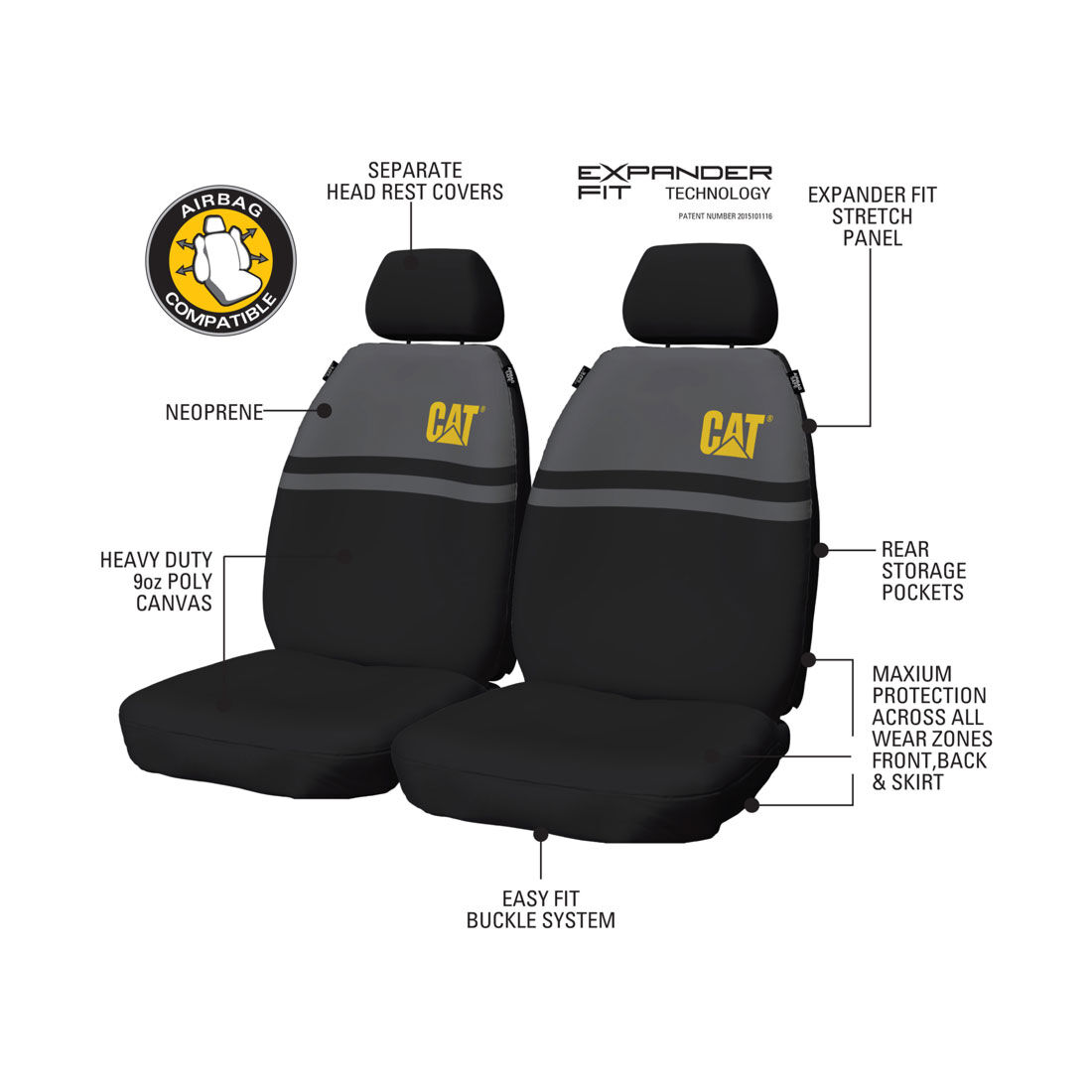 CAT Poly Canvas & Neoprene Seat Covers Black/Grey Adjustable Headrests Airbag Compatible, , scaau_hi-res