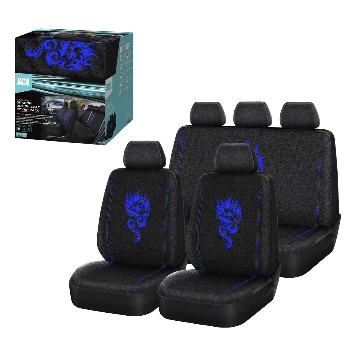 SCA Dragon Seat Cover Pack Blue Adjustable Headrests Airbag Compatible 30&06H SAB, , scaau_hi-res