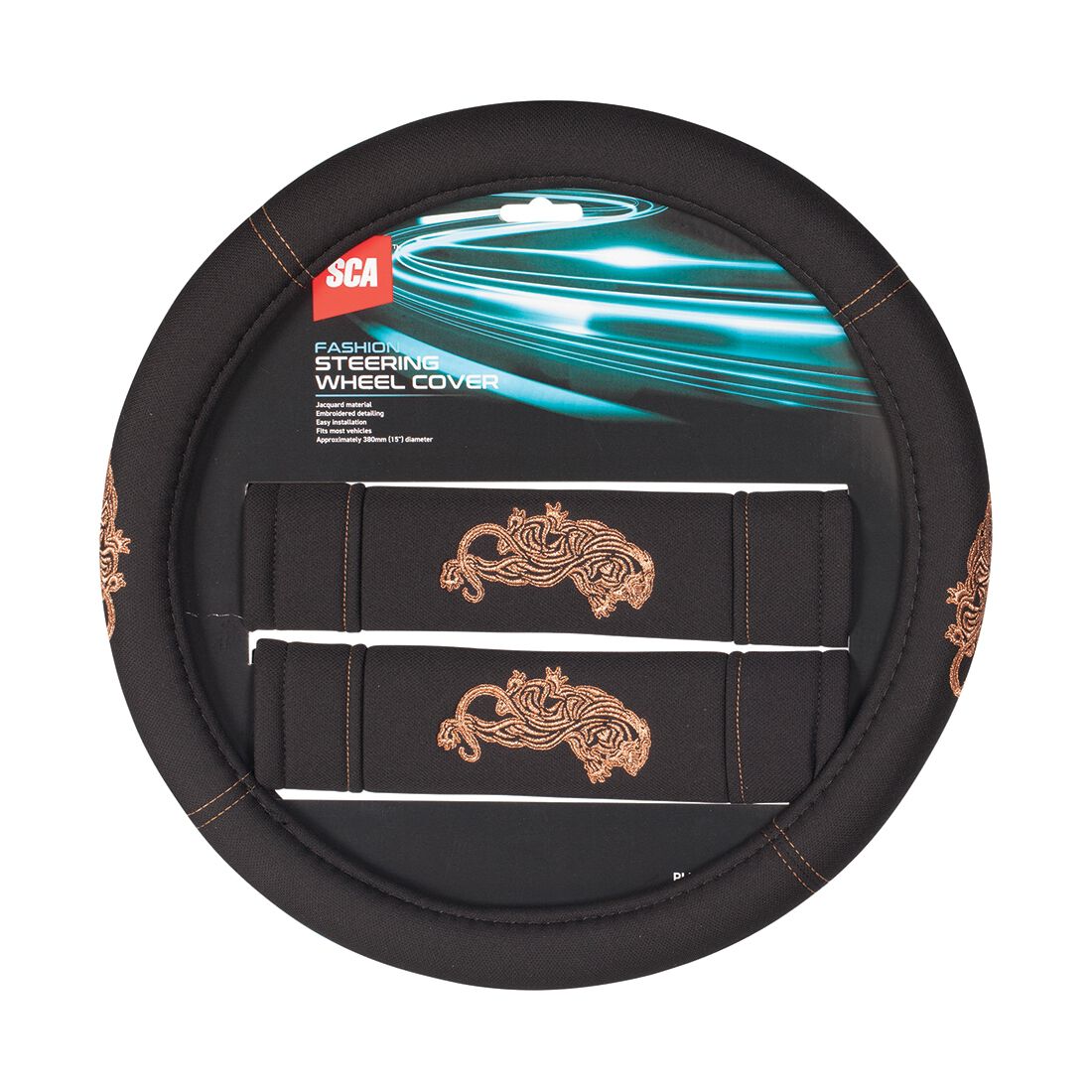SCA Steering Wheel Cover and Seat Belt Buddy Set Bronze/Black, , scaau_hi-res