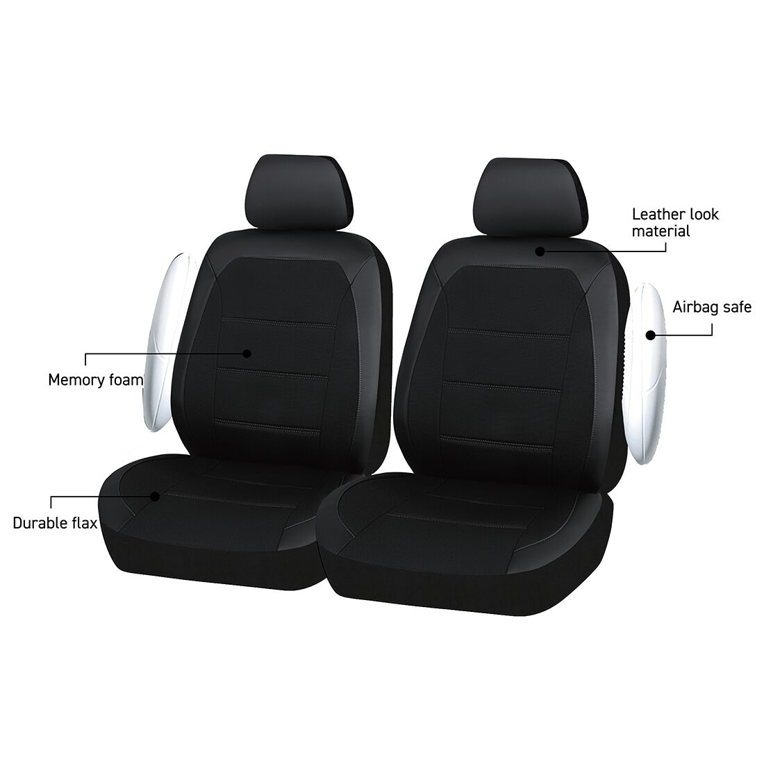 SCA Memory Foam Flax & Leather Look Seat Covers Black Adjustable Headrests Airbag Compatible, , scaau_hi-res
