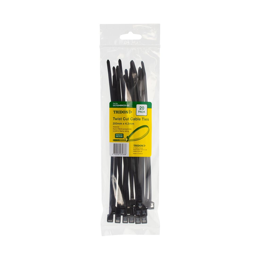 Tridon Twist & Cut Cable Ties - Black, 200mm x 4.3mm, 20 Pack - CCT204BKCD-20, , scaau_hi-res