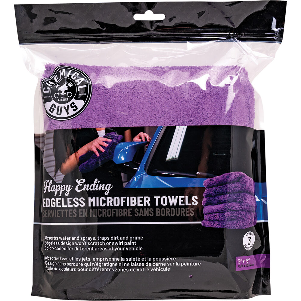Chemical Guys Happy Ending Ultra Edgeless Microfiber Towel - 16in x 16in - Purple - 3 Pack