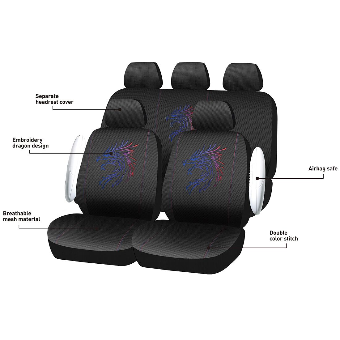 SCA Dragon Seat Cover Pack Red/Black Adjustable Headrests Airbag Compatible 30&06H SAB, , scaau_hi-res