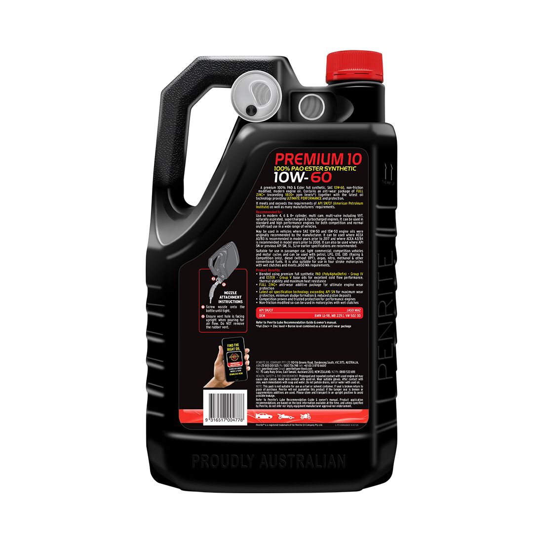 Penrite 10 Tenths Premium 10 Engine Oil 10W-60 5 Litre, , scaau_hi-res