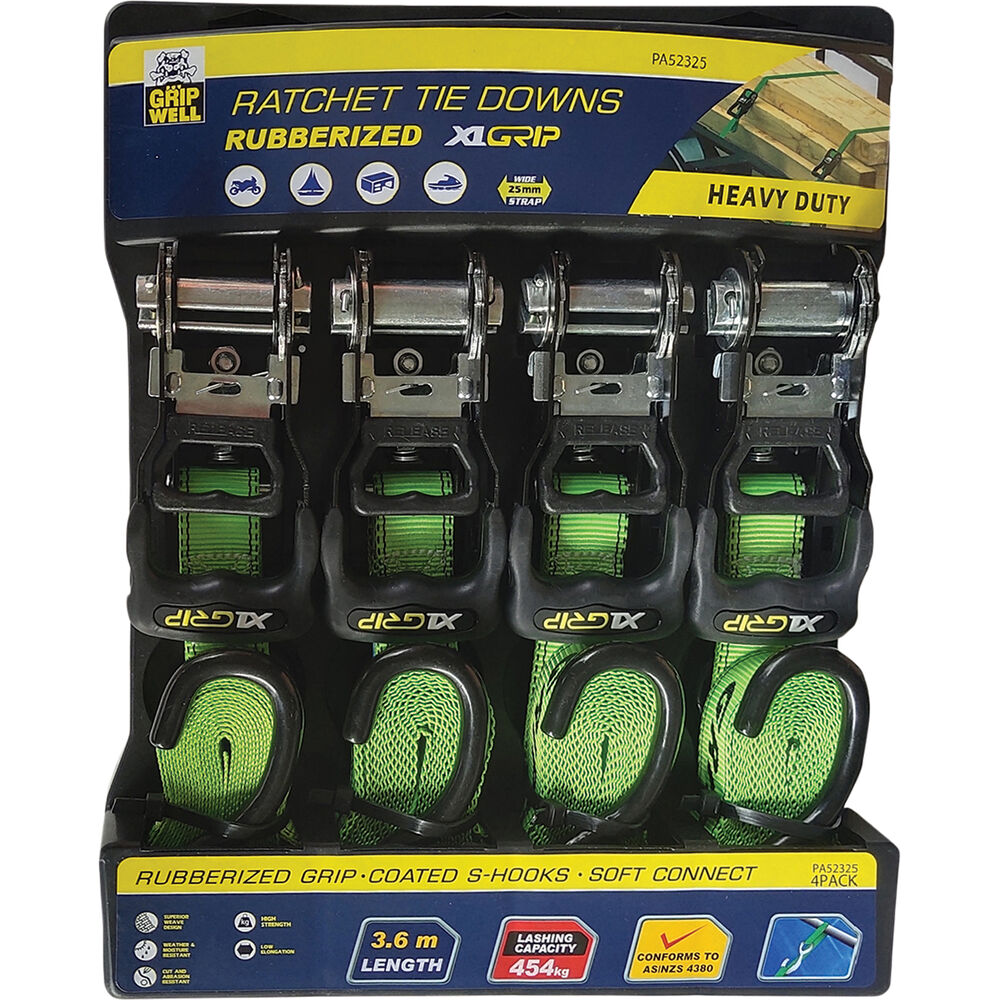 Gripwell Ratchet Tie Down 3.6m, 454kg, 4 Pack Supercheap Auto