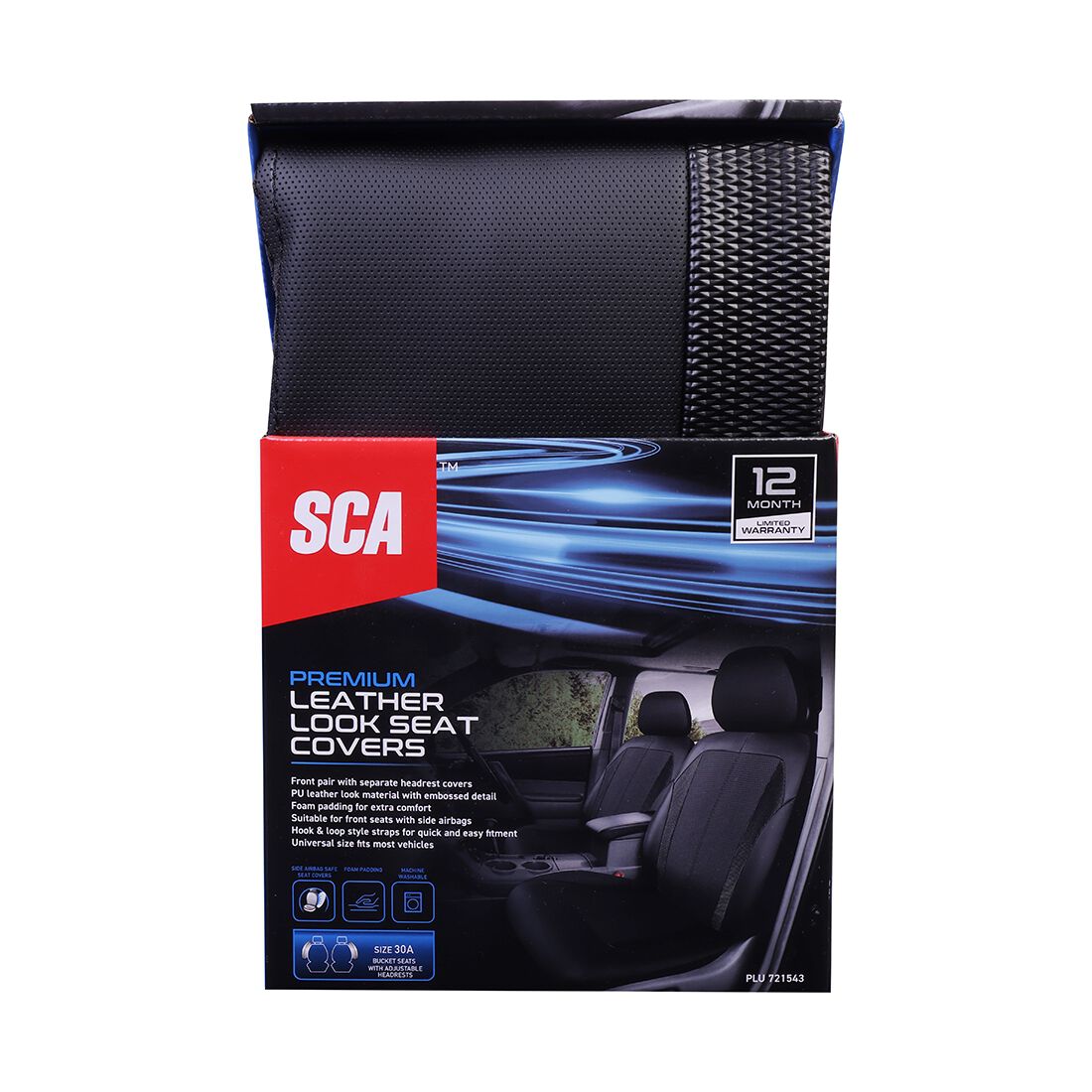 SCA Leather Look Seat Covers Black Adjustable Headrests Airbag Compatible 30SAB, , scaau_hi-res