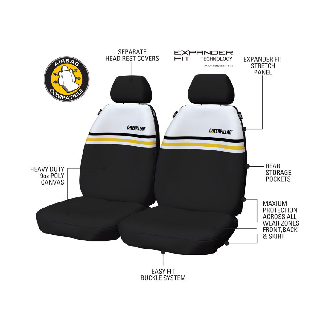 CAT Canvas Seat Covers Yellow/White Stripe Adjustable Headrests Airbag Compatible 30SAB, , scaau_hi-res