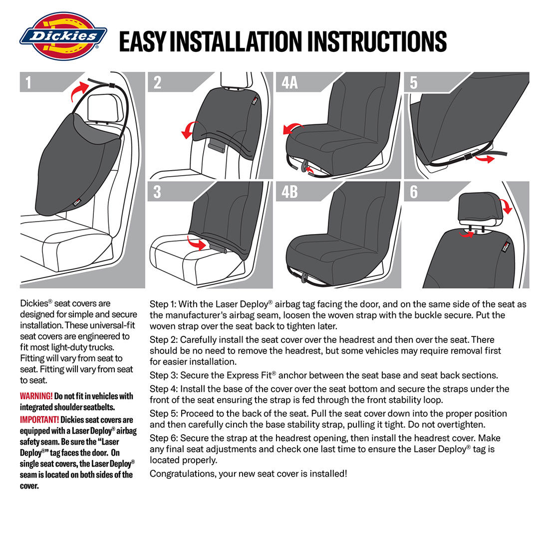 Dickies Collegiate Poly Canvas Seat Covers Black/Grey Adjustable Headrests Airbag Compatible, , scaau_hi-res
