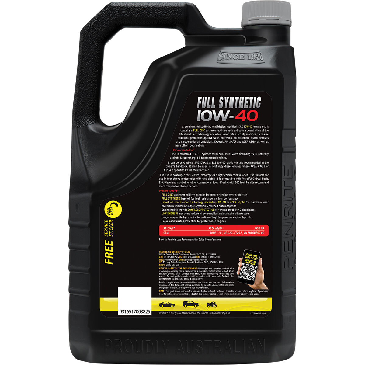Penrite Full Synthetic Engine Oil - 10W-40 6 Litre, , scaau_hi-res