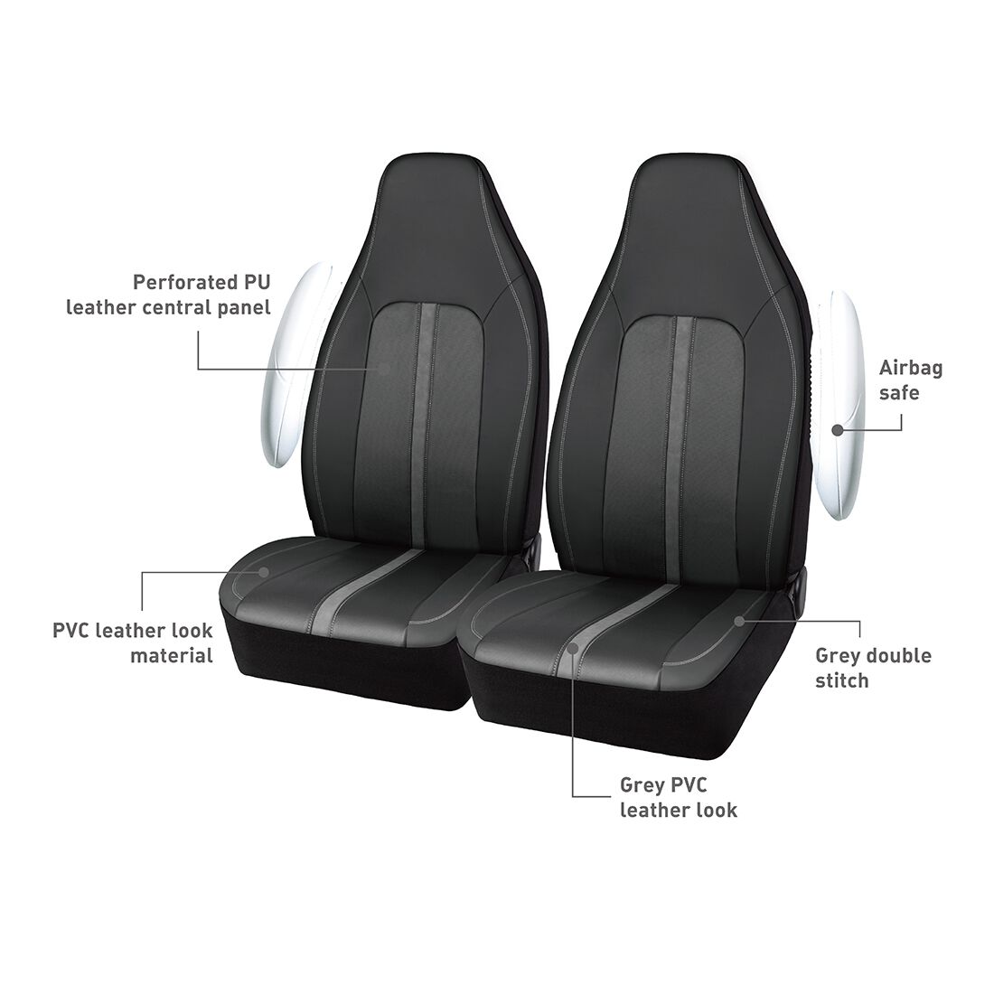 SCA Seat Cover Sports Black & Grey Metallic Leather Look, Built-in Headrests, Airbag Compatible, Size 60A, , scaau_hi-res
