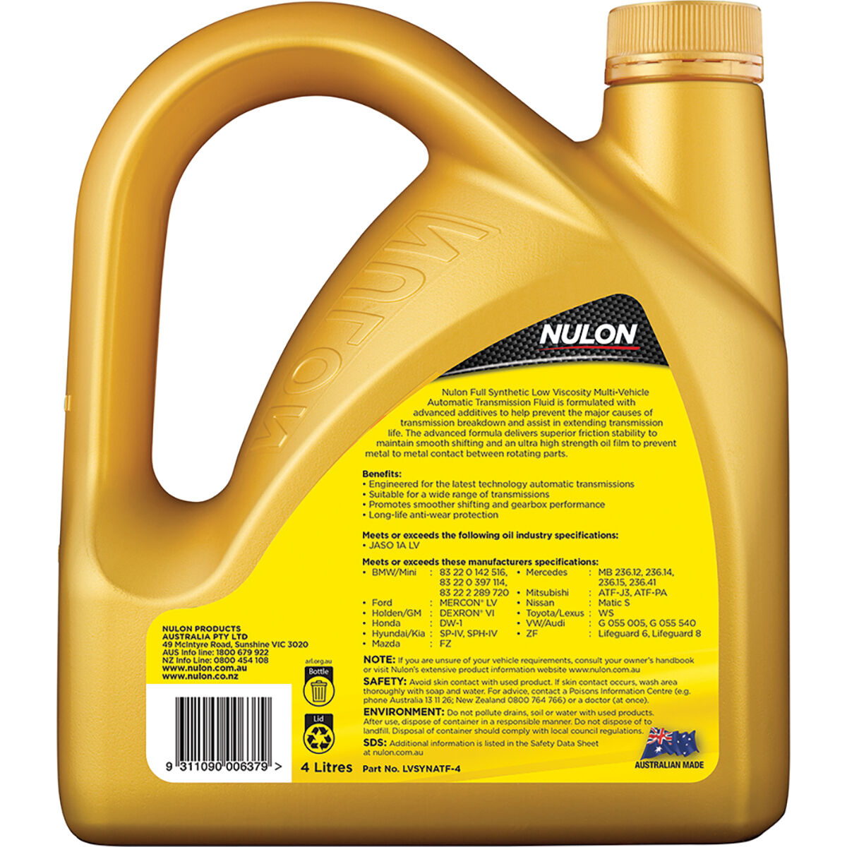 Nulon ATF Multi Vehicle Full Synthetic Low Viscosity Automatic Transmission Fluid 4 Litre, , scaau_hi-res