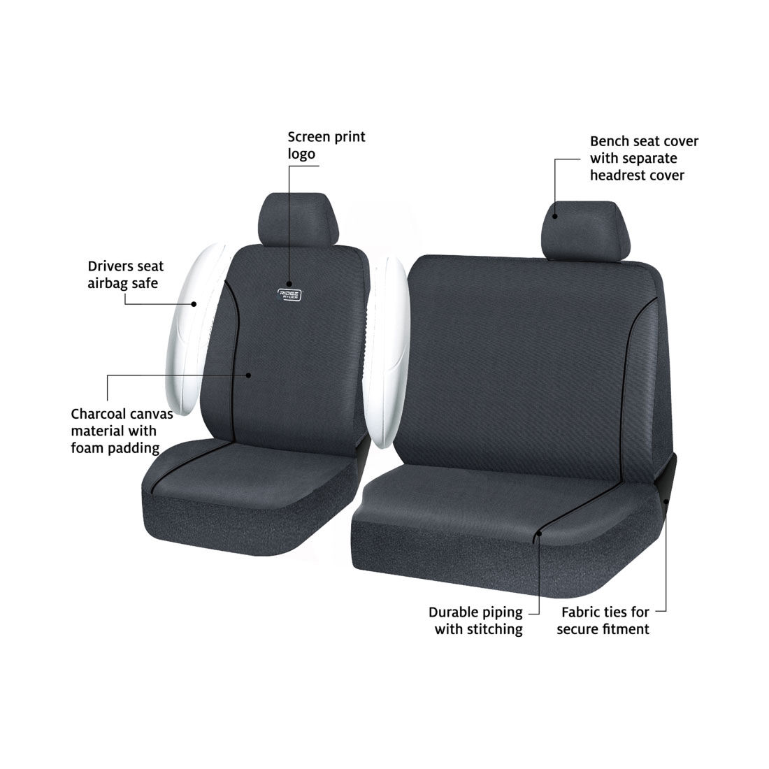 Ridge Ryder Canvas Ute Seat Covers Charcoal/Black Piping Adjustable Headrests Front (with cut out) 401SAB, , scaau_hi-res