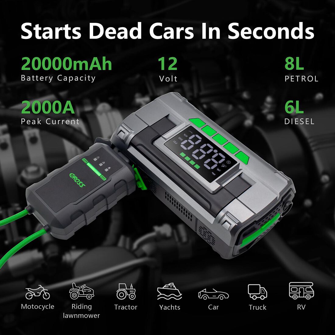 CAROSS T14 12V 2000A Smart Lithium Jump Starter With Built-in Air Compressor & 3 Mode LED Worklight, , scaau_hi-res