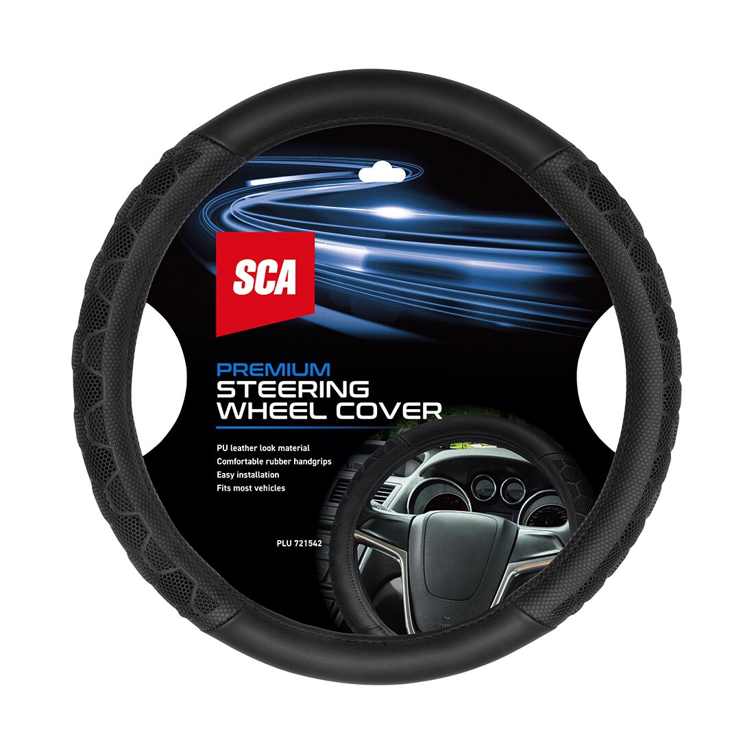 SCA Steering Wheel Cover - Leather Look & Rubber, Black and Grey, 380mm, , scaau_hi-res