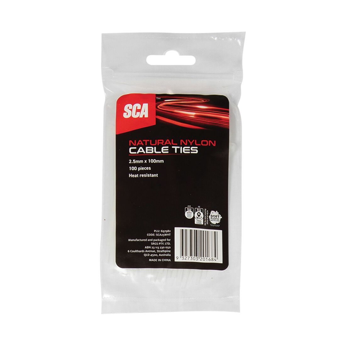 SCA Cable Ties 2.5mm X 100mm, Pack of 100, Natural, , scaau_hi-res