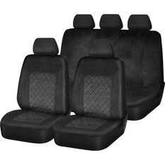 SCA Velour Quilted Seat Cover Pack Black Adjustable Headrests Front Pair & Rear Bench, , scaau_hi-res