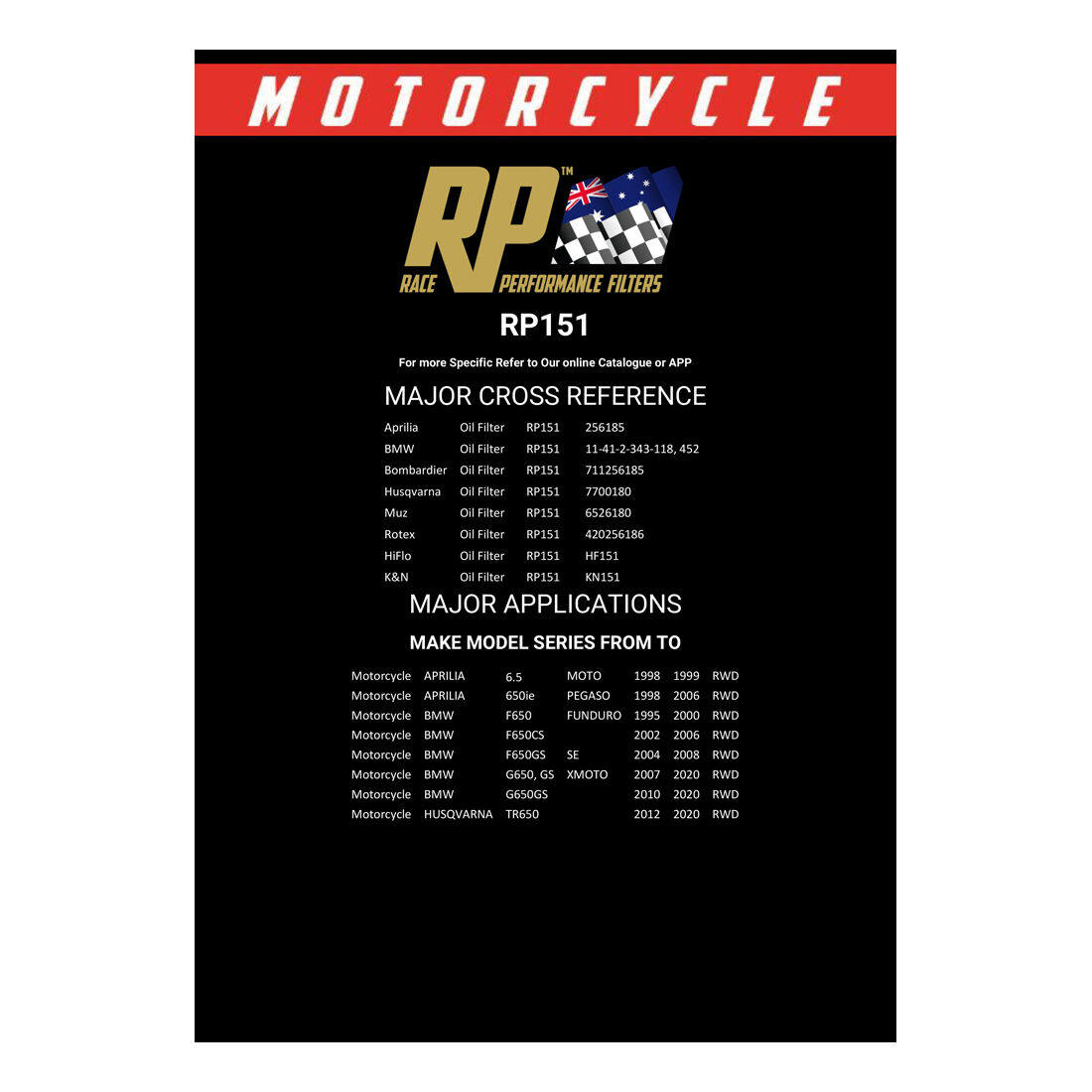 Race Performance Motorcycle Oil Filter RP151, , scaau_hi-res
