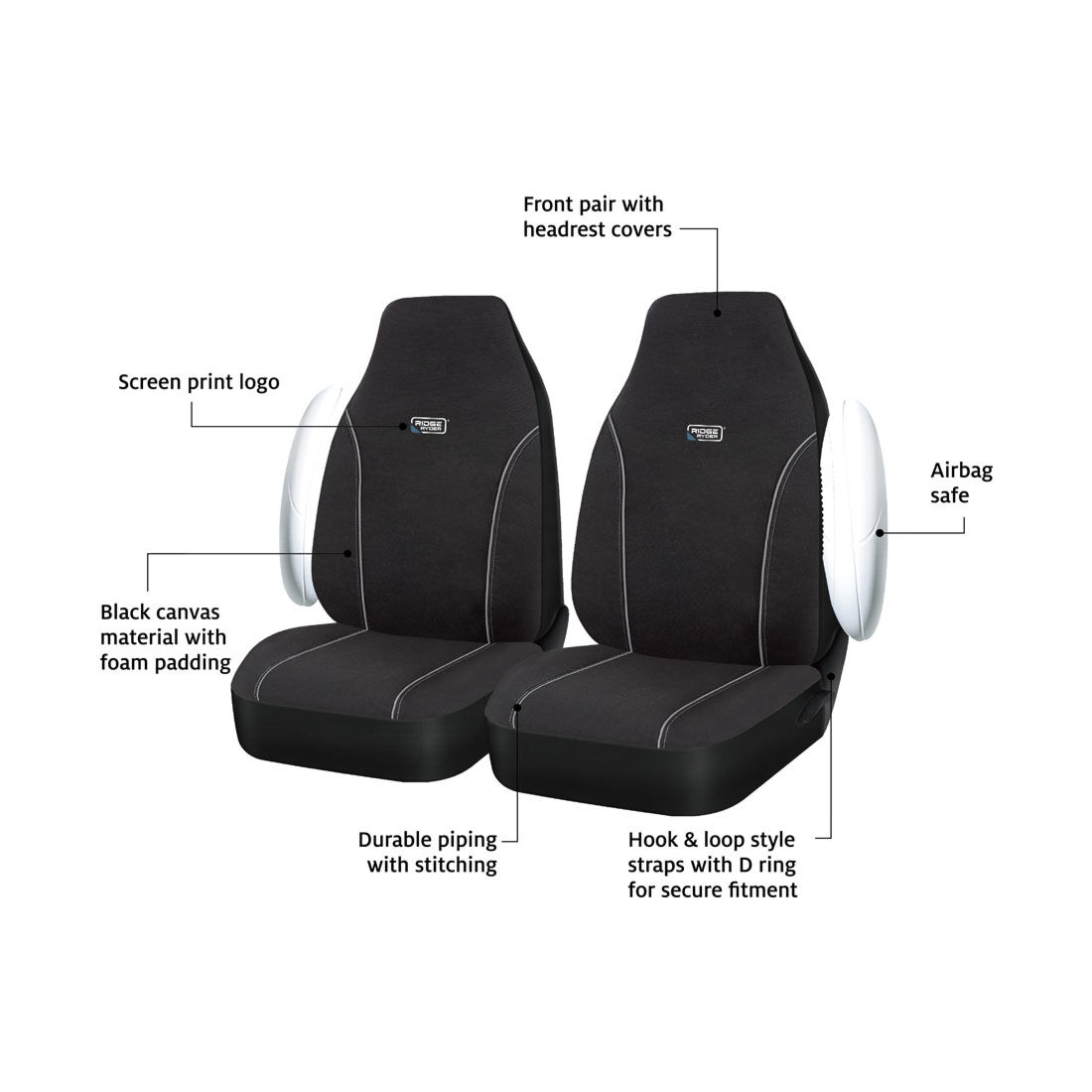 Ridge Ryder Canvas Seat Covers Black/Grey Piping Built-In Headrests Airbag Compatible 60SAB, , scaau_hi-res