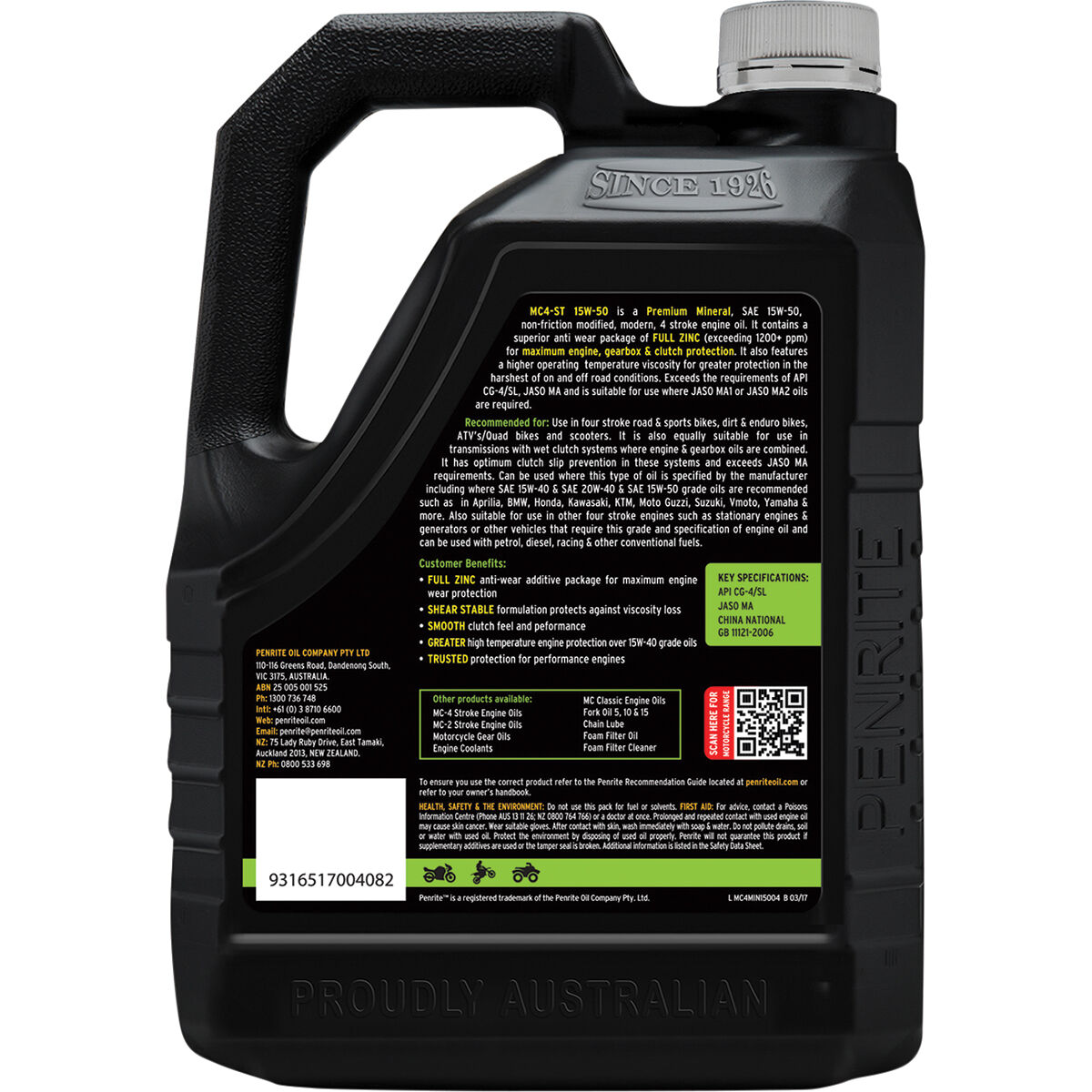 Penrite MC-4 Motorcycle Oil - 15W-50, 4 Litre, , scaau_hi-res