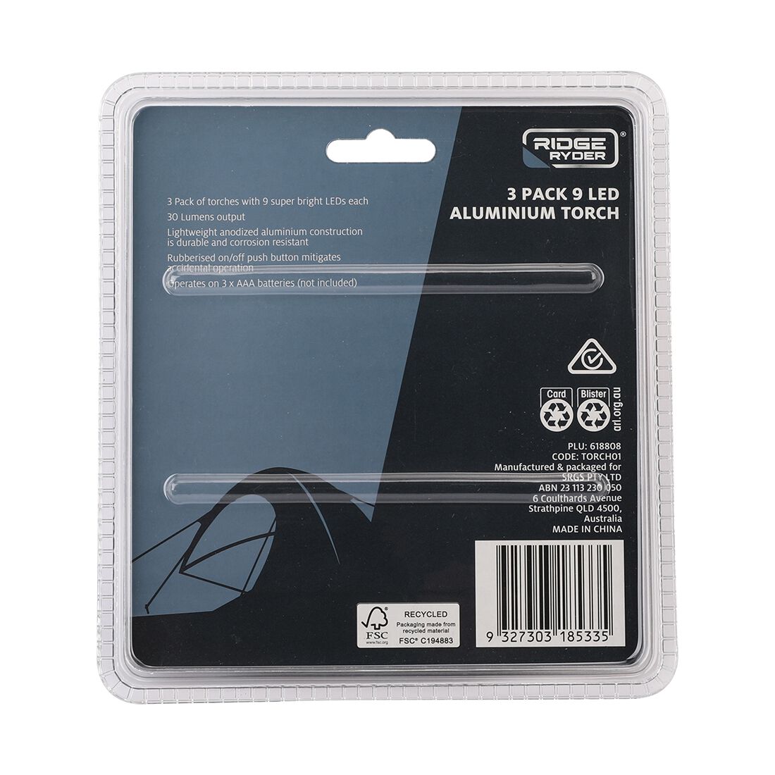 Ridge Ryder Aluminium 9 LED Torch 3pk, , scaau_hi-res