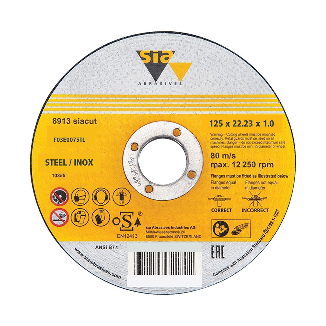 SIA Abrasives Metal Cutting Disc, 8913 Series, 125X1X22.2mm, Inox/Steel Bonded, , scaau_hi-res
