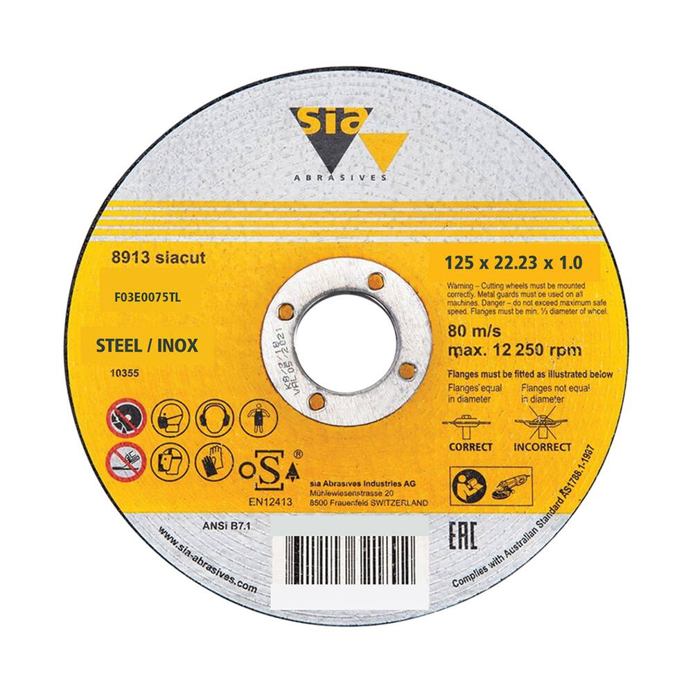 SIA Abrasives Metal Cutting Disc, 8913 Series, 125X1X22.2mm, Inox/Steel ...