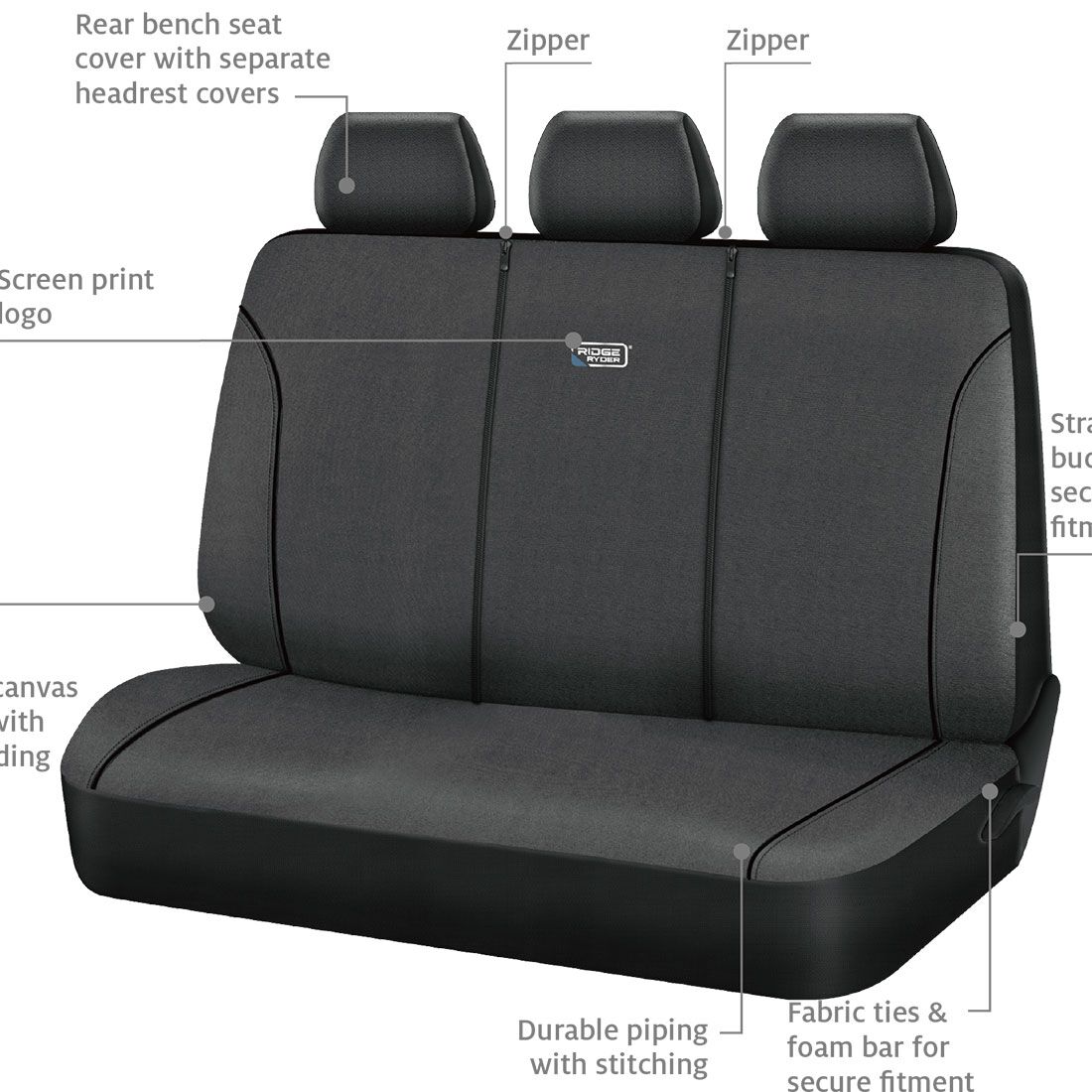 Ridge Ryder Canvas Seat Covers Charcoal/Black 06H, , scaau_hi-res
