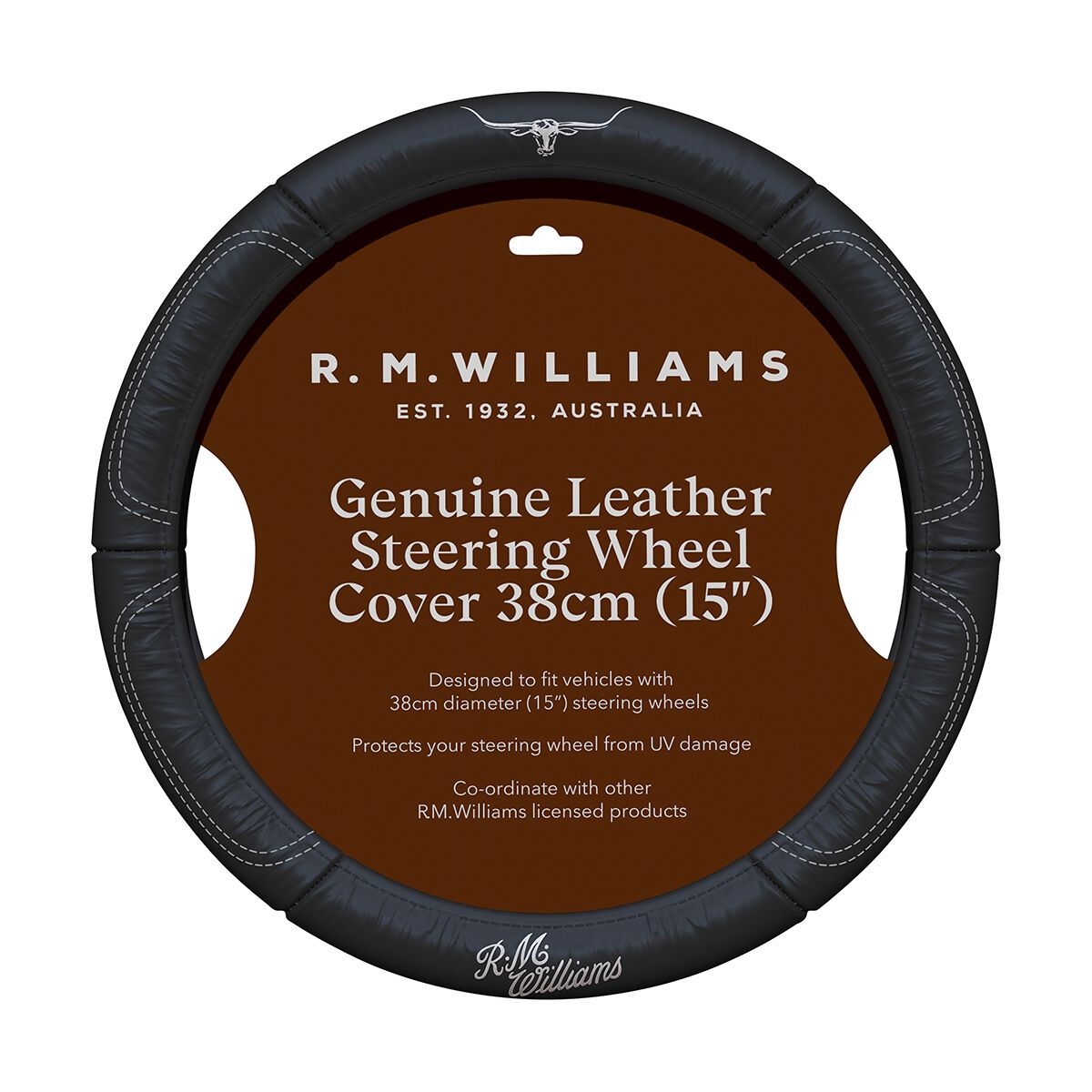 R.M.Williams Steering Wheel Cover Leather Black 380mm, , scaau_hi-res